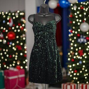The Christmas Party Dress Green Velour Sequined Stretch Sz Medium Mini Coctail